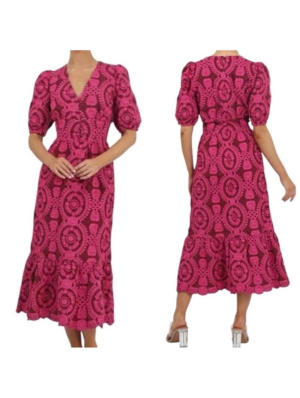 Adelyn Rae Luisa Dress Women L Burgundy Pink Embroidered Cotton Midi Puff Sleeve